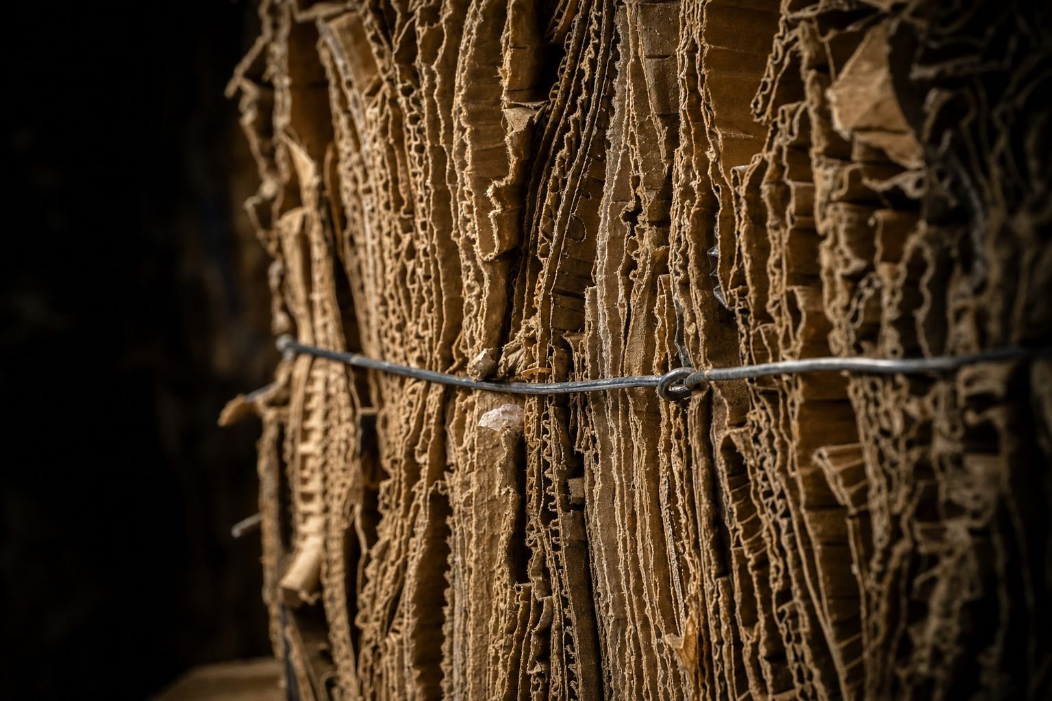 Close detail of the compressed layers and baling wire on a finished cardboard bale