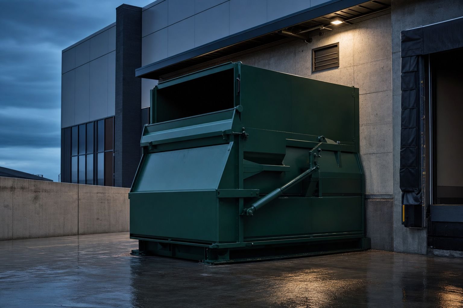 A stationary compactor installed at a loading dock