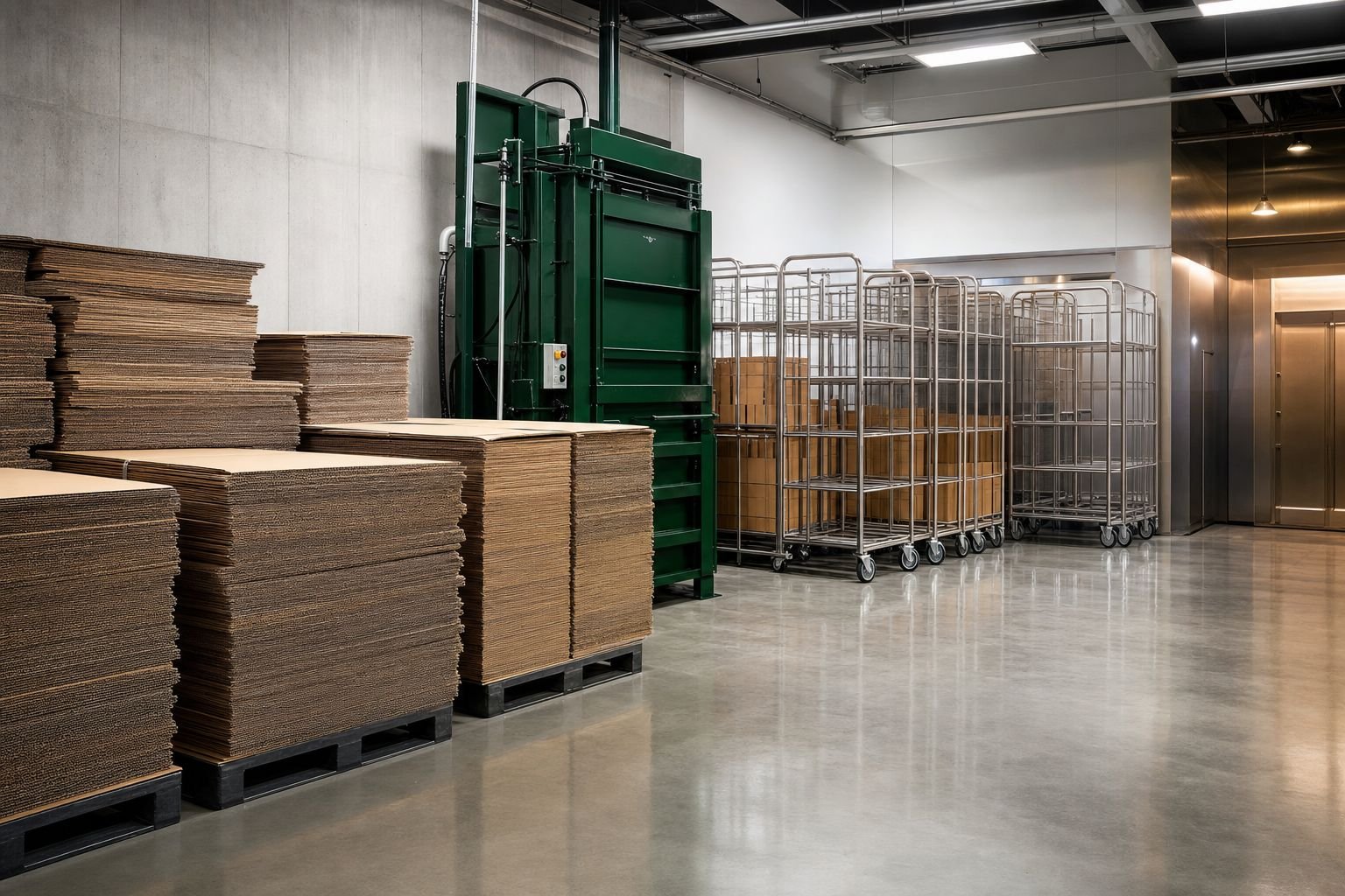A clean supermarket receiving area with flattened cardboard staged beside a baler
