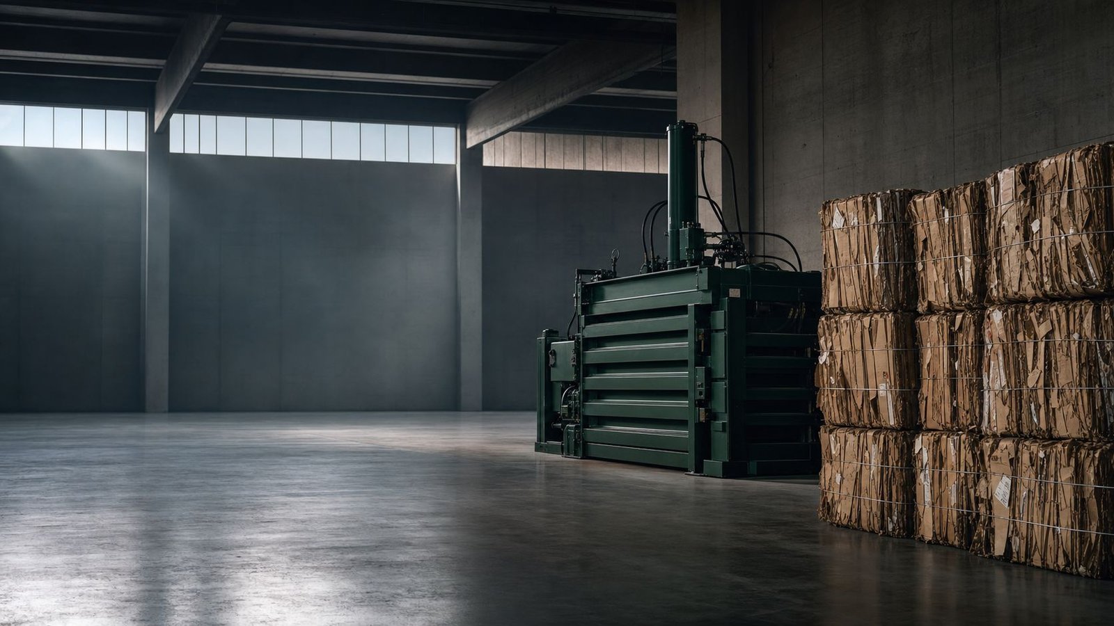 A horizontal baler and finished cardboard bales in a clean industrial facility