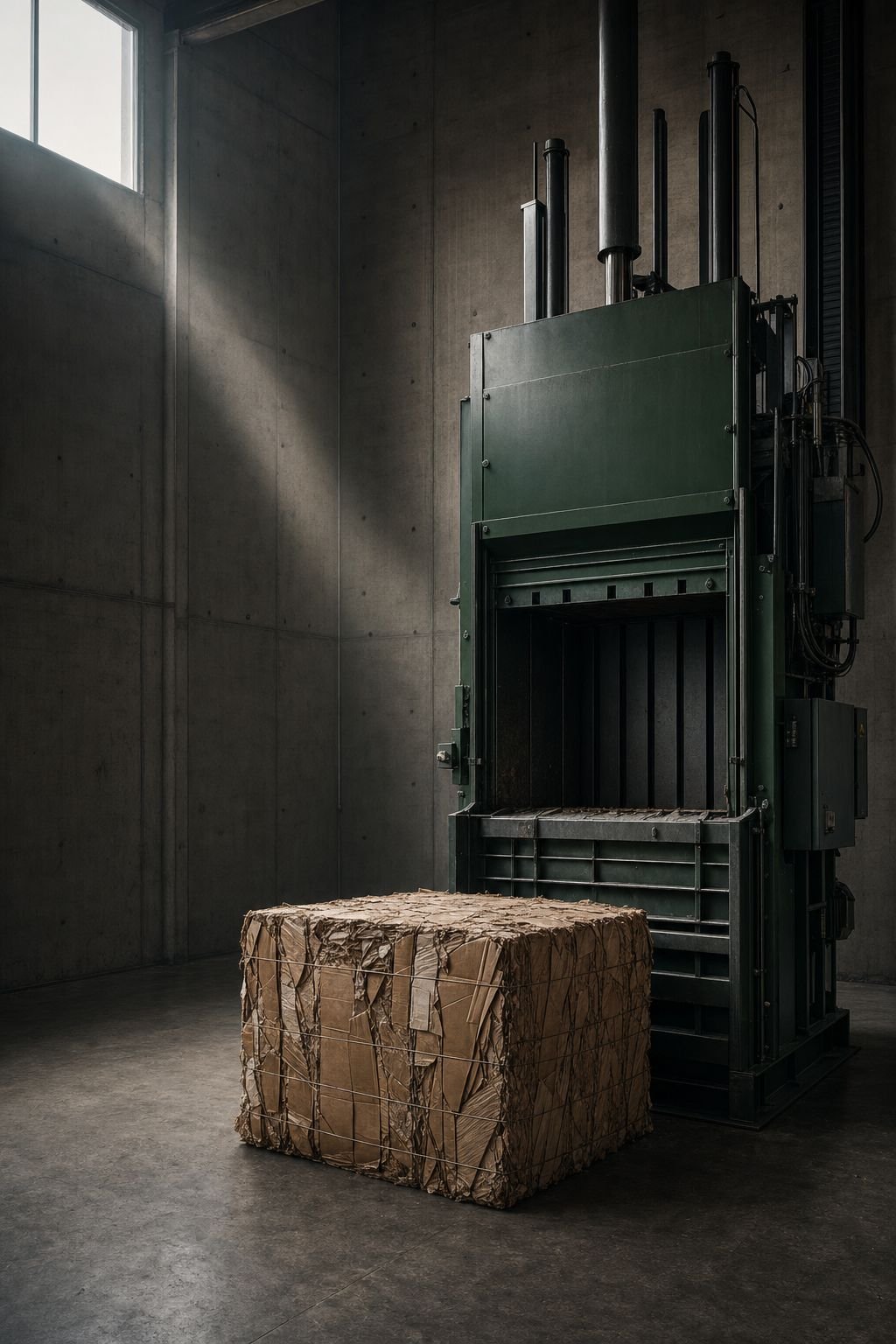 A vertical baler with a finished cardboard bale in a concrete loading bay