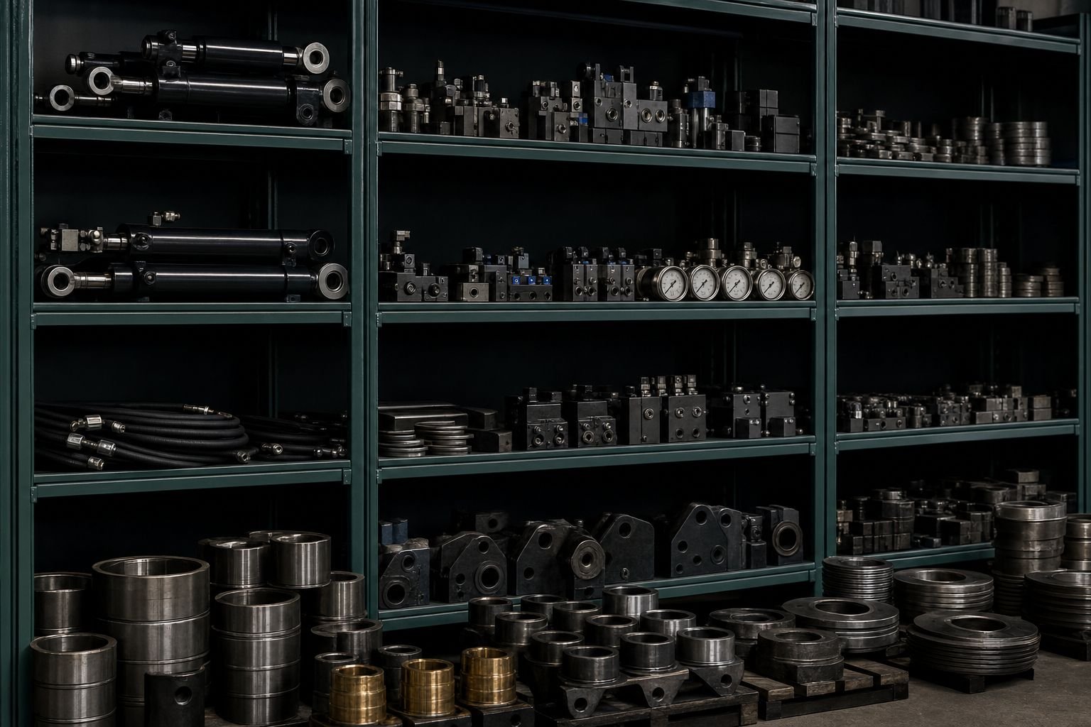 Organized shelving of hydraulic cylinders, valves and wear parts