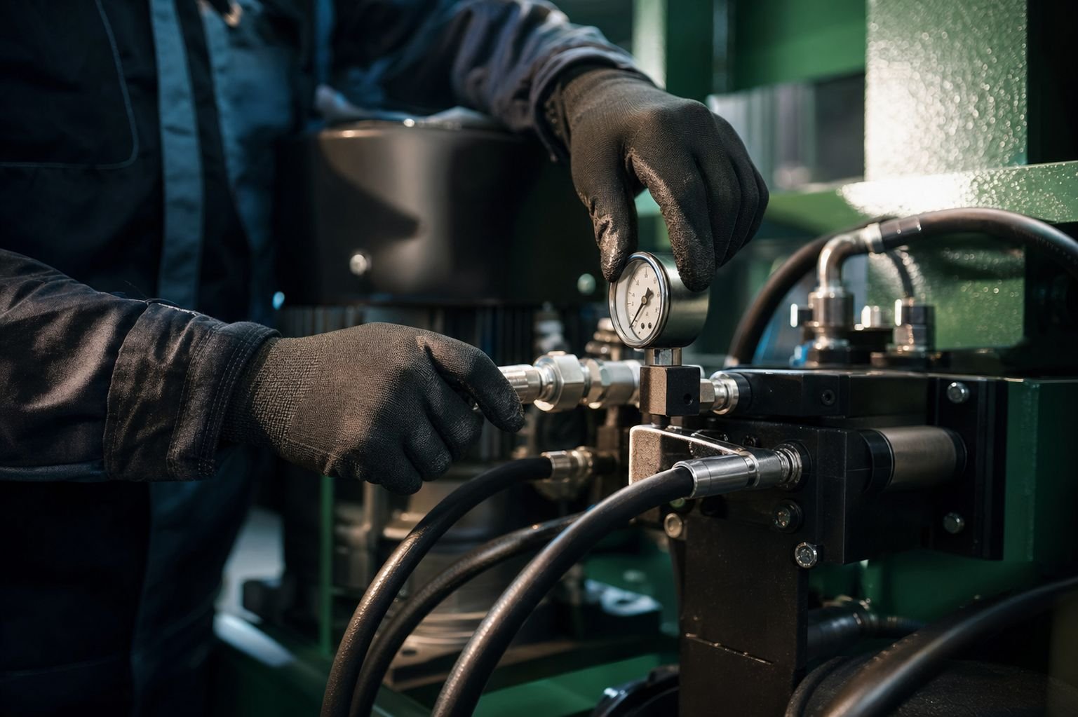 A technician's hands working on hydraulic fittings during service